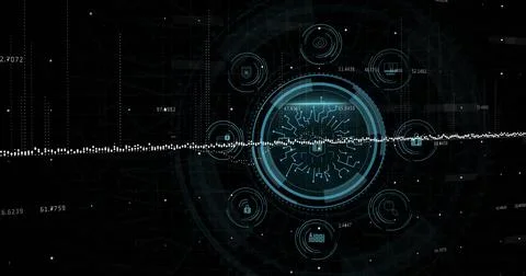 Image of digital data processing over scope scanning with icons and padlock 스톡 사진