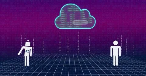 Image of digital data processing over cloud and ai chat bot on purple background Stock Photos