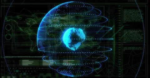 Image of digital data processing over globe on black background 스톡 사진
