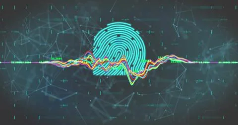 Image of digital data processing over padlock icons and biometric fingerprint 库存照片