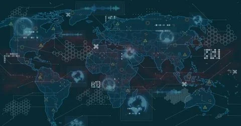 Image of digital data processing over world map on dark background Stock Photos