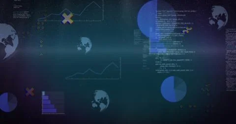 Image of digital data processing over globes on dark background 写真素材