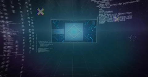Image of digital data processing over globe on dark background 写真素材