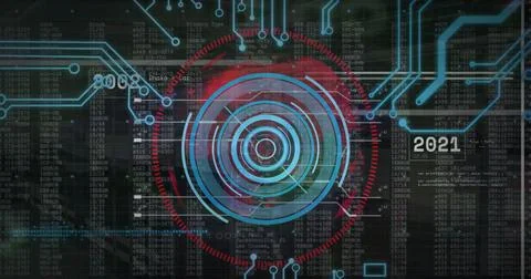 Image of digital data processing over computer circuit board Stockfoto's