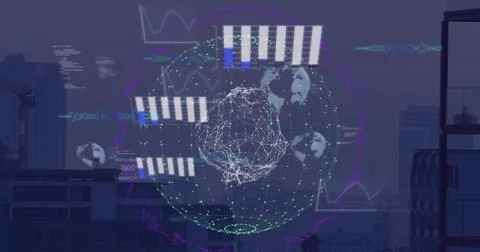 Image of digital data processing over globe and computer servers Foto stock
