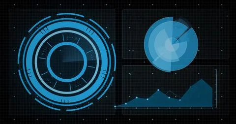 Image of digital data processing over scope scanning on black background Foto stock