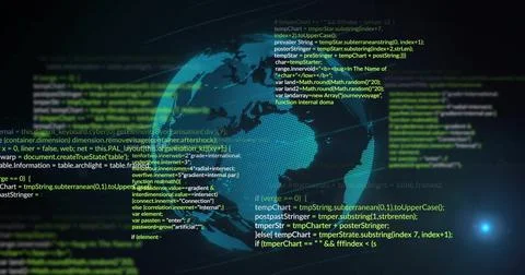Image of digital data processing over globe on black background Stock Photos