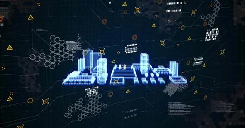 Image of digital data processing over black background Stockfoto's