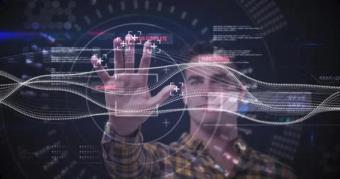 Image of digital data processing over scope scanning and caucasian man touching Foto stock