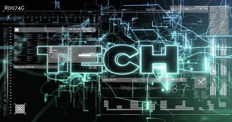 Image of digital data processing over tech texy and computer servers Foto stock