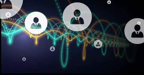 Image of digital data processing over network of people icons on black 写真素材