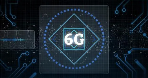 Image of digital data processing over 6g text and computer circuit baord Stock Photos