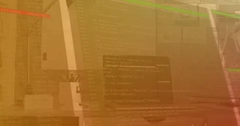 Image of digital data processing over computer on office desk 스톡 사진