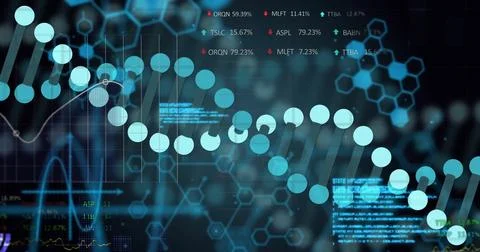 Image of digital data processing over dna strands 写真素材