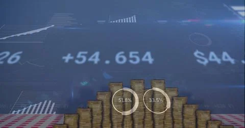 Image of digital data processing over stacks of coins Stock Photos