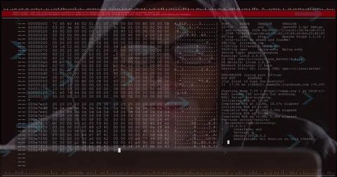Image of digital data processing over caucasian male hacker Stock Photos
