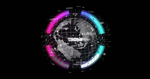 Image of digital data processing over globe on black background 写真素材