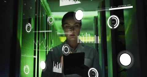 Image of digital data processing over caucasian female it technician and 스톡 사진