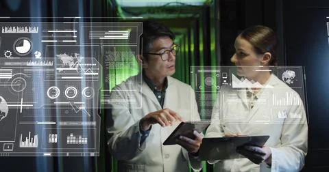 Image of digital data processing over diverse it technicians by computer servers Stock Photos