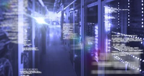 Image of digital data processing over server room Foto stock