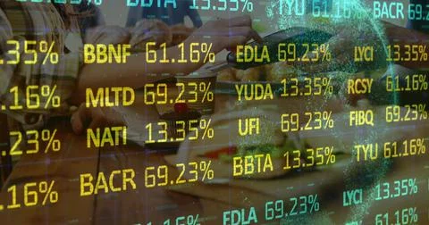 Image of digital data processing over people using a payment terminal Stock Photos