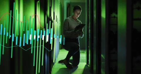 Image of digital data processing over caucasian it woman by computer servers Stock Photos