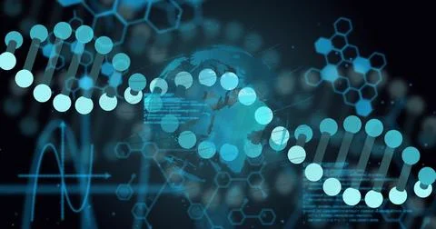 Image of digital data processing overglobe and dna strand spinning Foto stock