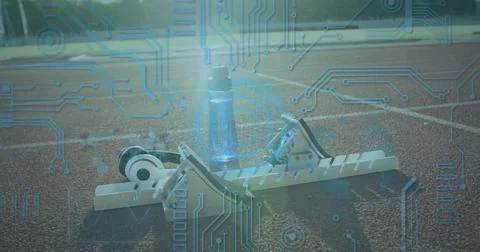 Image of digital data processing overwater bottle by starting block on racing Stock Illustration