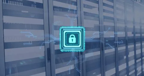 Image of digital data processing, padlock icon, circuit board and computer Stock Photos