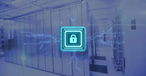 Image of digital data processing, padlock icon, circuit board and computer Stock Photos