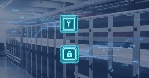 Image of digital data processing, padlock and key icons, circuit board and 写真素材