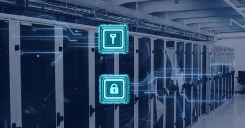 Image of digital data processing, padlock and key icons, circuit board and 写真素材