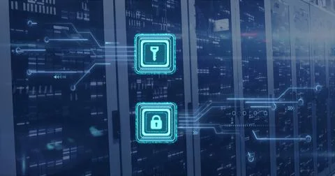 Image of digital data processing, padlock and key icons, circuit board and Stock Photos