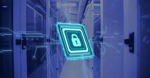 Image of digital data processing, padlock icon, circuit board and computer Stockfoto's
