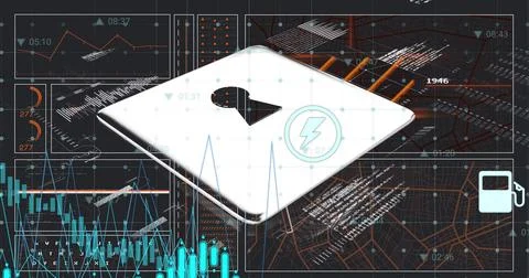 Image of digital data processing with padlock icon over computer servers Stock Photos