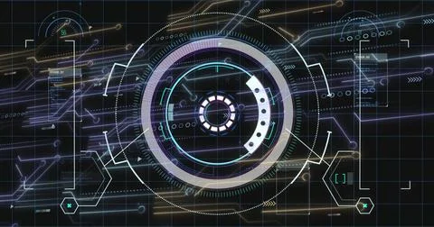 Image of digital data processing with scope scanning over black background Illustrazione stock