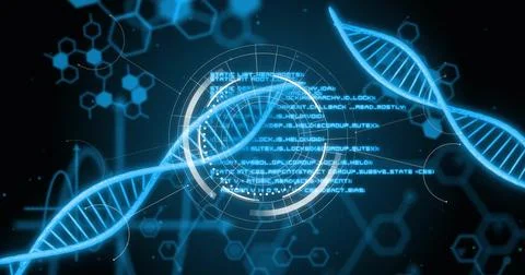 Image of digital data processing with scope scanning over dna strands on black Illustrazione stock