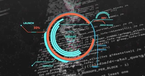 Image of digital data processing with scope scanning over dark background 写真素材