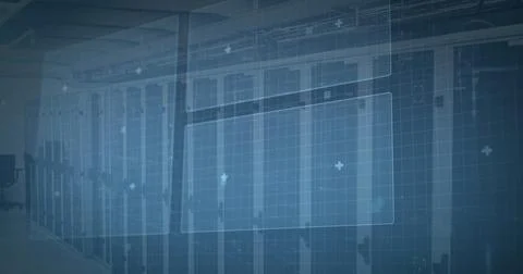 Image of digital data processing on screens over computer servers Stock Illustration