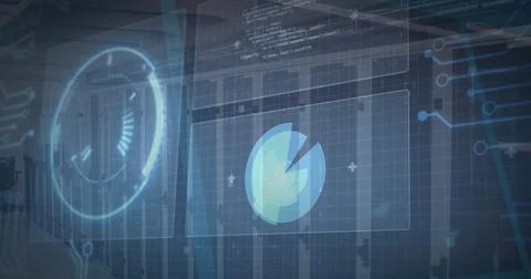 Image of digital data processing on screens over computer servers Illustrazione stock