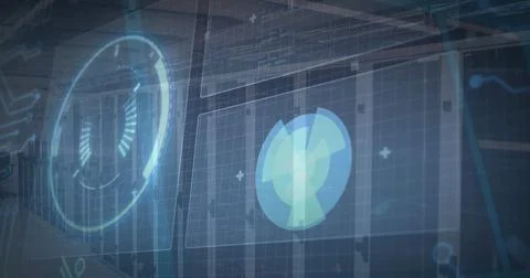 Image of digital data processing on screens over computer servers Stock Illustration