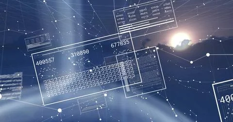 Image of digital data processing on screens over blue background 스톡 일러스트