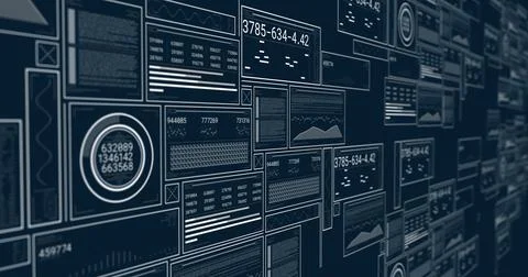 Image of digital data processing on screens over dark background 스톡 일러스트