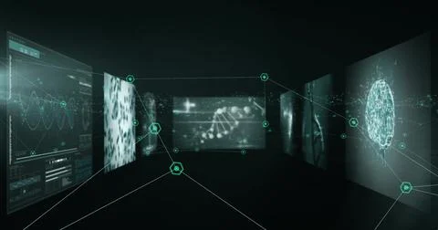 Image of digital data processing on screens over black background 스톡 사진