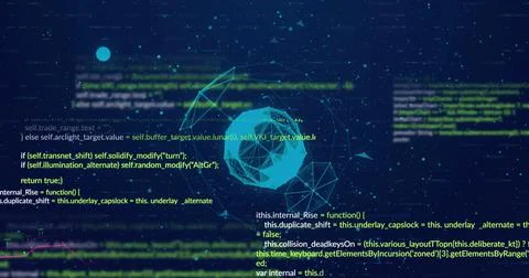 Image of digital dots interconnecting with lines forming globe against Illustrazione stock