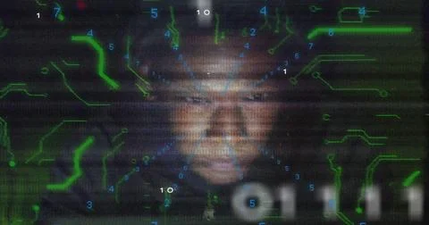 Image of digital face with binary numbers and blue lines in futuristic style 스톡 사진