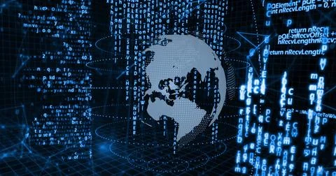 Image of digital globe with binary code and programming language elements Stock Photos