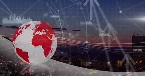 Image of digital globe with computer network, arrows and graphs rotating against イラスト素材