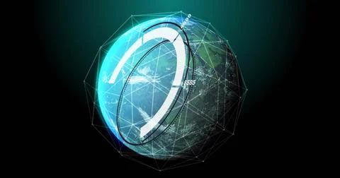 Image of digital globe with futuristic data and geometric shapes surrounding it Illustrazione stock