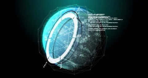 Image of digital globe with futuristic data and geometric shapes surrounding it Illustrazione stock